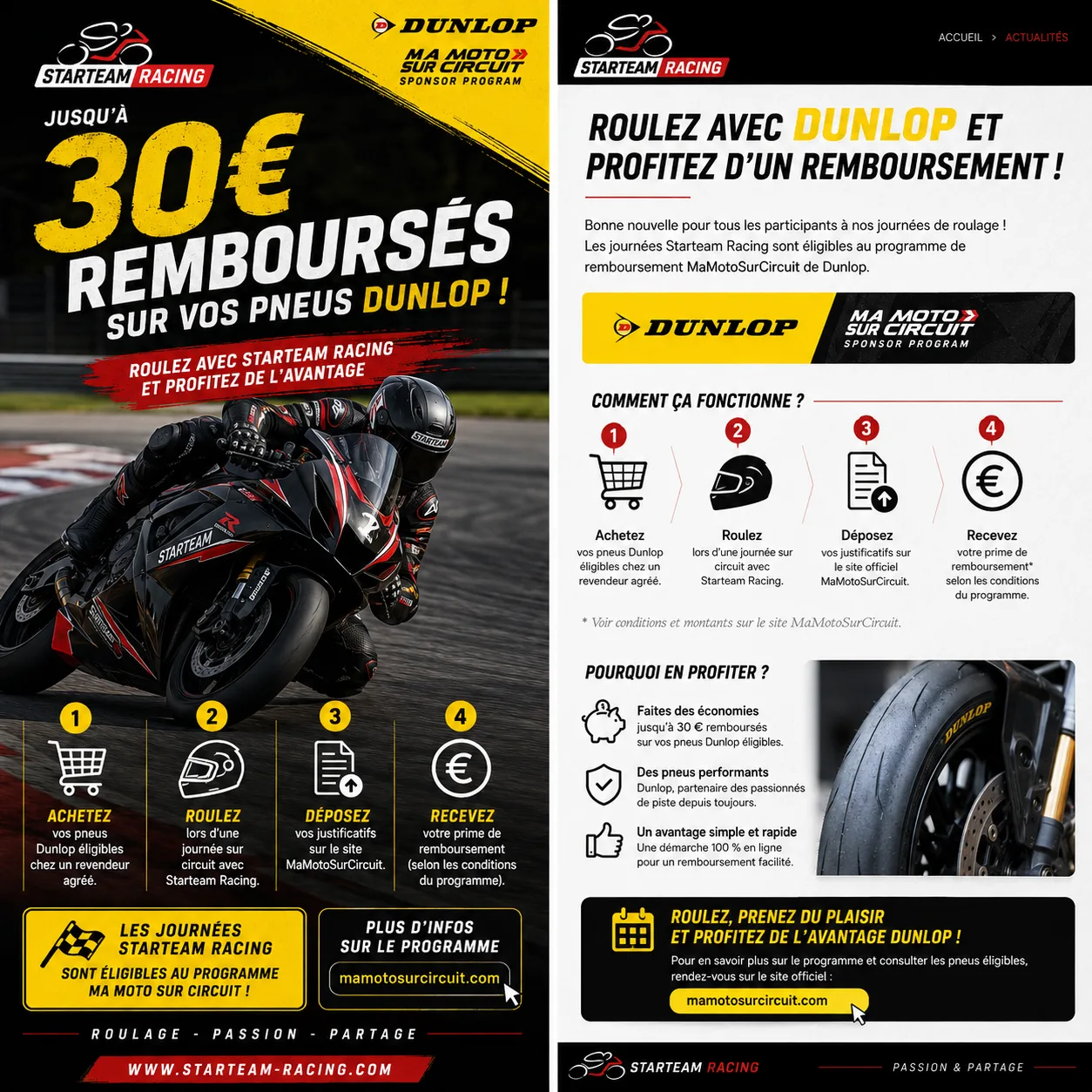 Roulez avec Starteam Racing et profitez du programme de remboursement Dunlop !